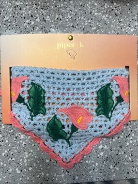 piper k Light Blue Crochet Hair Scarf with Pink Floral Appliqués
